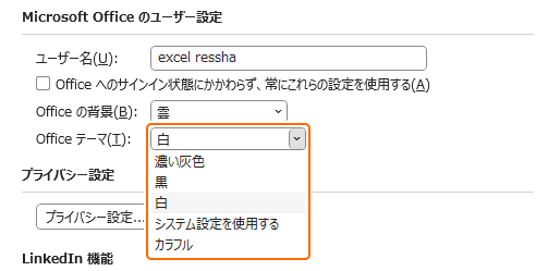 オプション画面の Office テーマを選択