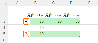 ドラッグしてテーブルの行を範囲選択する前