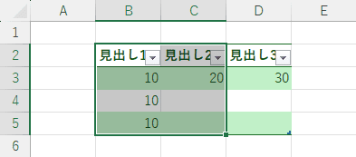 ドラッグしてテーブルの列を範囲選択した後