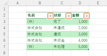 テーブルのフィルターを選択
